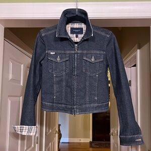 EEUC Women's Burberry London Zip Front Dark Denim Jacket w/ Plaid USA Size 4